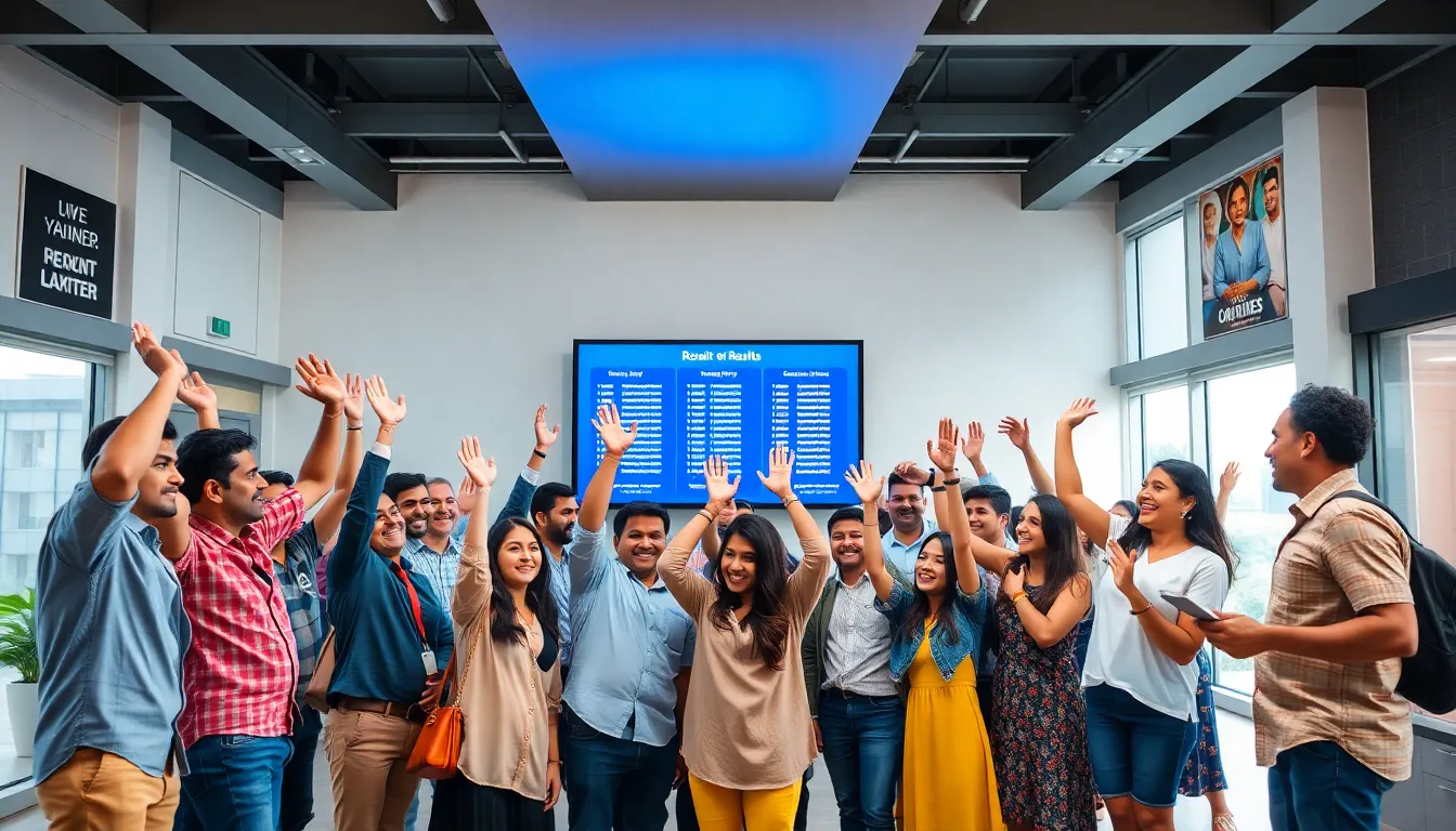 diverse group celebrating results in a modern community center.